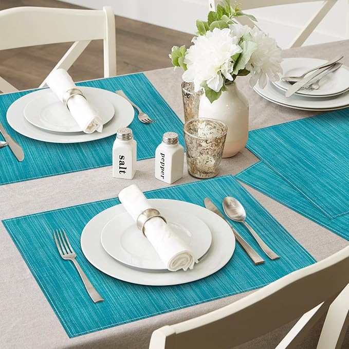 Teal Blue Placemats Set of 6, 12x18 Inch Washable Easy to Clean Heat-Resistant Anti-Skid Teal Blue Placemats for Holiday Party Kitchen Dining Room Decoration