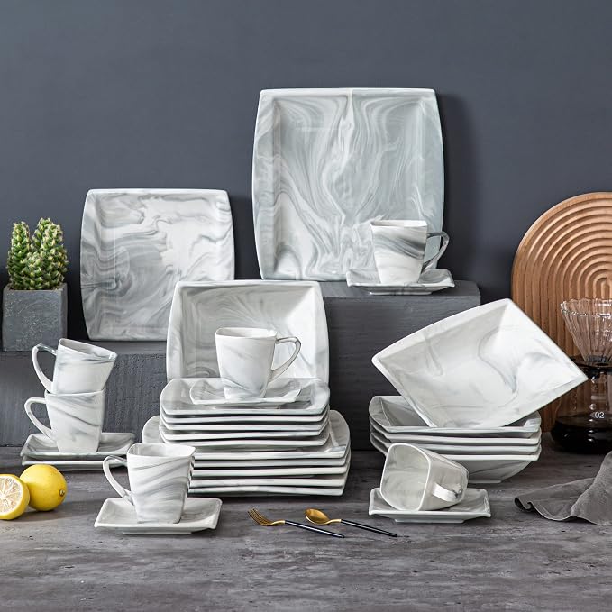 MALACASA Dinnerware Sets, 30 Piece Porcelain Plates and Bowls Sets for 6, Square Dish Set with Dinner Plates Set, Cup and Saucer, Modern Dishware Dishes Microwave Safe, Marble Grey, Series Blance | Complete with Plates, Bowls, Cups, Saucers, Microwave ...