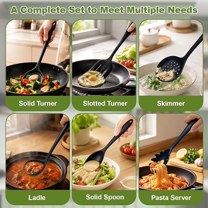 Thickened Silicone Kitchen Utensils Set, Upgrade 6 PCS Nonstick Cooking Utensils Set, Heat Resistant and BPA Free Silicone Utensil Spatula Set for Cooking with Turners, Spoon, Skimmer and Ladle(Black)