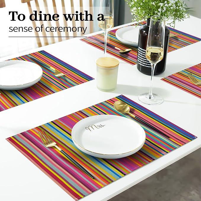 Rainbow Placemats Set of 4, 12x18 Inch Faux Linen Table Mats | Heat Resistant and Washable Design, Easy to Clean Surface for Dining Rooms, Kitchens, Outdoor Parties and Everyday Home Decor