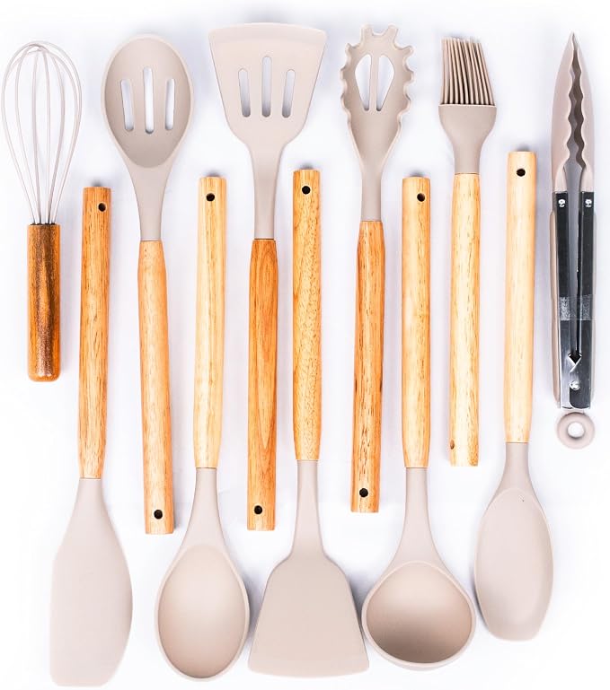 Dusico® Silicone Cooking Utensils Set of 12 Pcs with Wood Handles. Heat Resistant Kitchen Utensils for Nonstick Cookware, BPA Free Silicone Spatula Set & Cooking Spoons, Kitchen Gadgets (Beige)