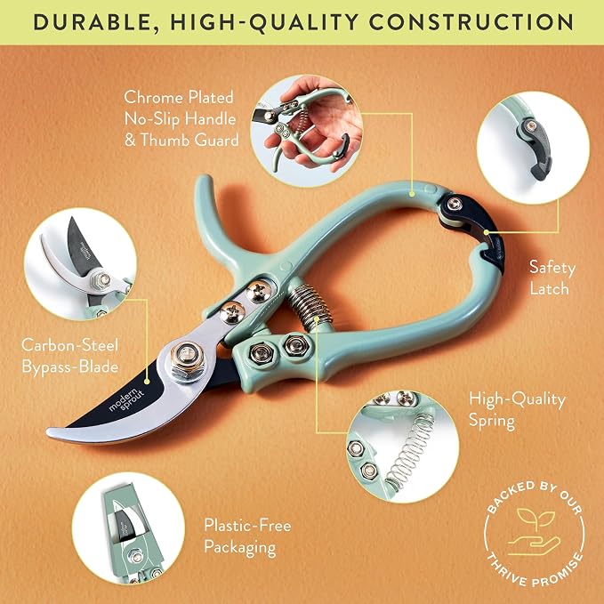 Modern Sprout Bypass Hand Pruners - Scissors - Gardening Tools - Sage | Lightweight Pruning Tool W/ Easy-Lock - Sharp Bypass Carbon Steel Blade - Rust-Resistant - Reusable Holster for Storage