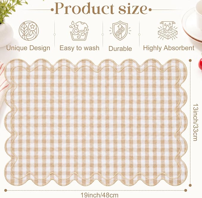 Linen Placemats Set of 12 Scalloped Placemat 13 X19 Wavy Embroidery Double Layered Washable Farmhouse Dinner Fabric Table Mat Napkin for Wedding Party Restaurant(Plaid,Khaki)