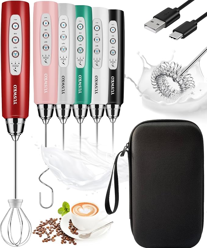 YUSWKO Red Rechargeable Milk Frother for Coffee, Handheld Drink Mixer with 3 Heads 3 Speeds, Ideal Coffee Frother Wand for Travel