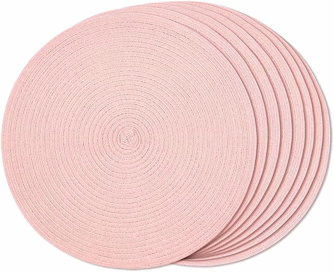 FunWheat Round Braided Placemats Set of 8 Place mats for Dining Tables Woven Heat Resistant Table Mats 15 inch (Pink,8pcs)