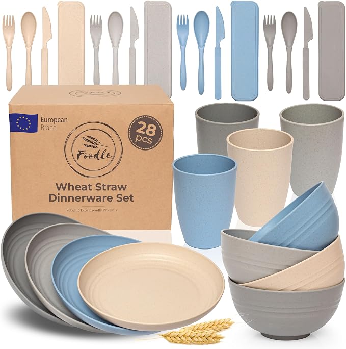 FOODLE Wheat Straw Dinnerware Set - RV, Camping Plates Cups and Bowls Set | BPA-Free & Safety Tested - Microwave & Dishwasher Safe - Lightweight & Unbreakable Dishes - Great for Kids & Adults - For 4