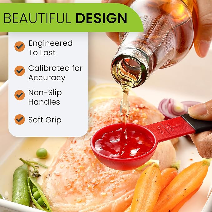 Spring Chef Set of 9 Plastic Magnetic Red Measuring Cups and Spoons | for Dry & Liquid Ingredients - Food Safe & BPA Free - Nesting Design - Dishwasher Safe