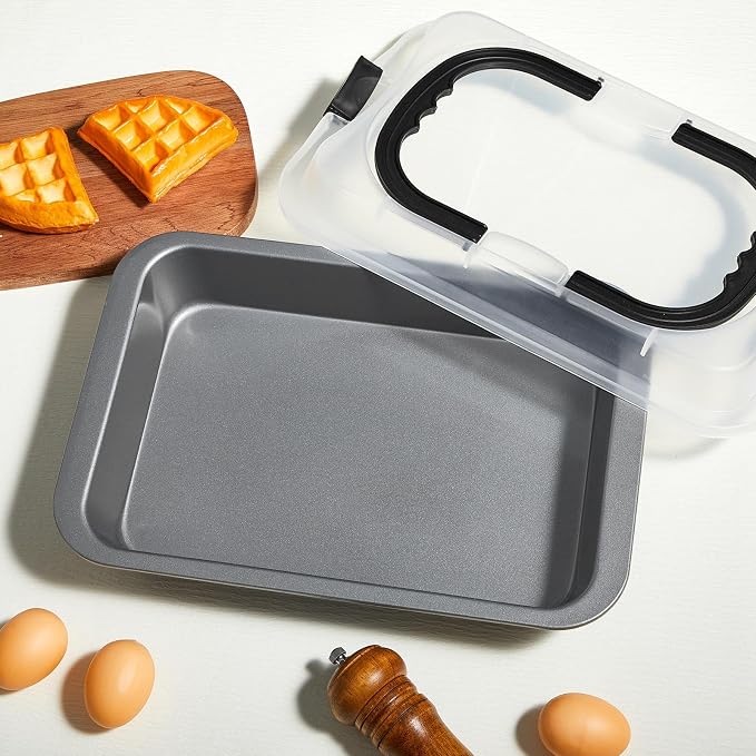 Qinyoung 2 Pcs Black Gray Cake Pan with Lid and Handle, 9 X 13 Inch | Non-stick, Rectangle Sheet Cake Pan, Covered Carrier, Brownie Roasting, Cooking, Baking