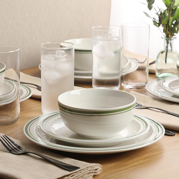 Gibson Home Hometown Diner 12-Piece Porcelain Dinnerware Set, Round Plates and Bowls Set for 4, White with Green Rim, Dishwasher Safe – Dinner Plate, Salad Plate & Cereal Bowl