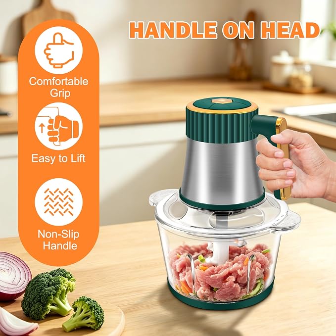Food Processor, 5 Speed Meat Grinder with 2 Bowls(8 Cup+8 Cup), Green | 4 Bi-Level Blades Electric Food Chopper, Mini Kitchen Cutter for Vegetable Onion Garlic Meat