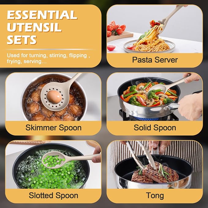 Homikit 15-Piece Kitchen Cooking Utensil Set, Silicone Utensils with Holder | Kitchen Gadgets Tools include Slotted Spatula Ladle Turner for Nonstick Cookware, Heat Resistant & Dishwasher Safe, Khaki