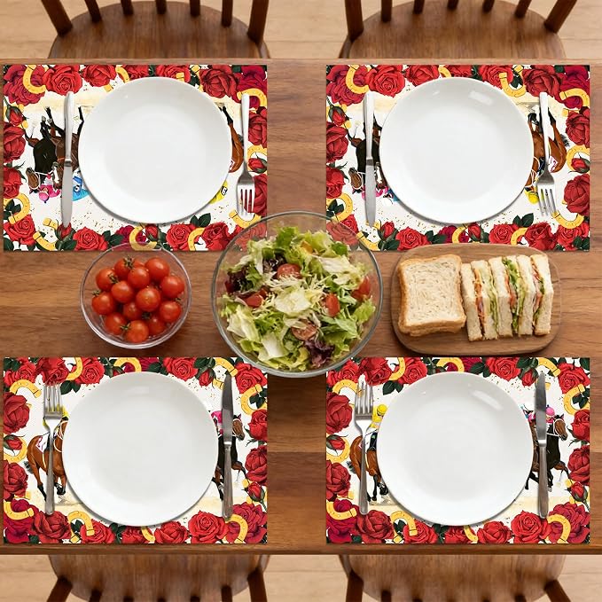 50 Pack Kentucky Horse Racing Disposable Paper Placemats | Rose Horseshoe Vintage Decorative Table Mats, Race Day, Wedding, Birthday Brunch Table Decor