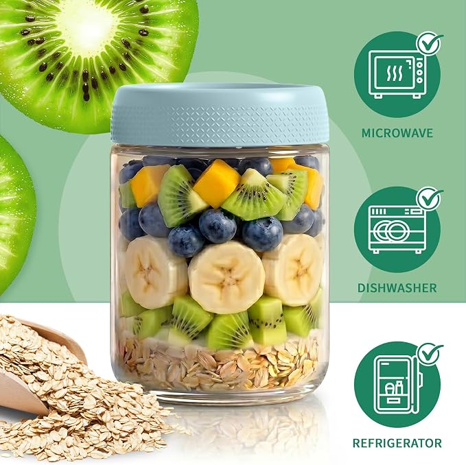 16 oz Glass Jars with Airtight Lid, Overnight Oats Container, Mason Jars | 6 Pack Parfait Cup With Lids for Breakfast, Clear Glass Jars for Storage, Sugar, Prep Meal, Food, Pudding, Spices, Blue