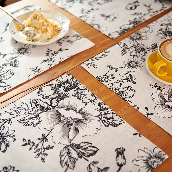 JINCHAN Alice Linen Floral Placemats Set of 4 Farmhouse 13x19 Inch Black | Fabric Placemats, Cottage Style, Floral Line Art, Machine Washable, Easy to Store, Reusable