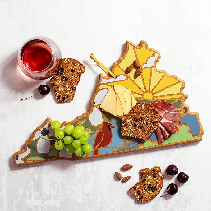 Totally Bamboo Virginia State Shaped Cutting Board, Summer Stokes Art | State charcuterie board with colorful hand-drawn landscape art. Smooth reverse side for food prep. Hang tie for wall display.