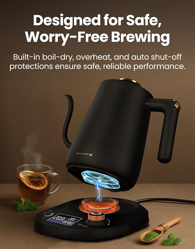 Viante Electric Gooseneck Kettle 0.8L, Pour Over Coffee & Tea, Temp Control | Boil-dry protection, keep-warm function, BPA-free stainless steel body. Includes #2 coffee filters