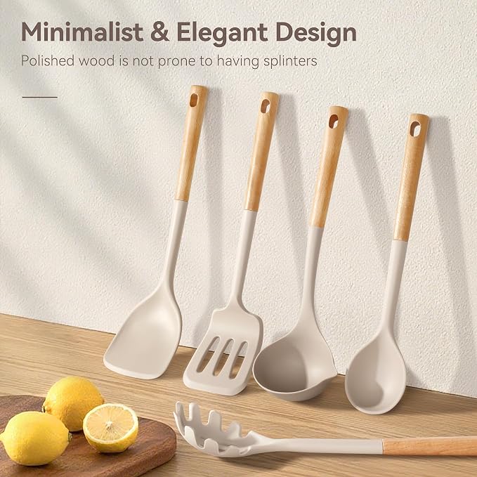 NCUE 6-Pcs Silicone Kitchen Utensils Set Wood Handle BPA-Free Food Grade (Khaki, 6 Piece)
