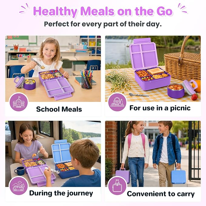 Bento Lunch Box for Kids with 8oz Soup Thermo,Kids Leakproof Lunch Food Containers with 4 Compartment,Kid Insulated Thermo Hot Food Jar for School,Trvael-Purple