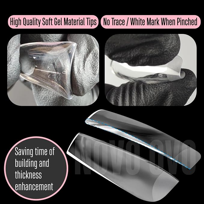 NOVO OVO Medium Coffin Nail Tips Extra Thick Press on No C Curve, Soft Gel Natural Fake Nail Extension, Full Cover Clear False Nails for Acrylic, French Manicure Salon DIY x 14 Sizes 224 pcs