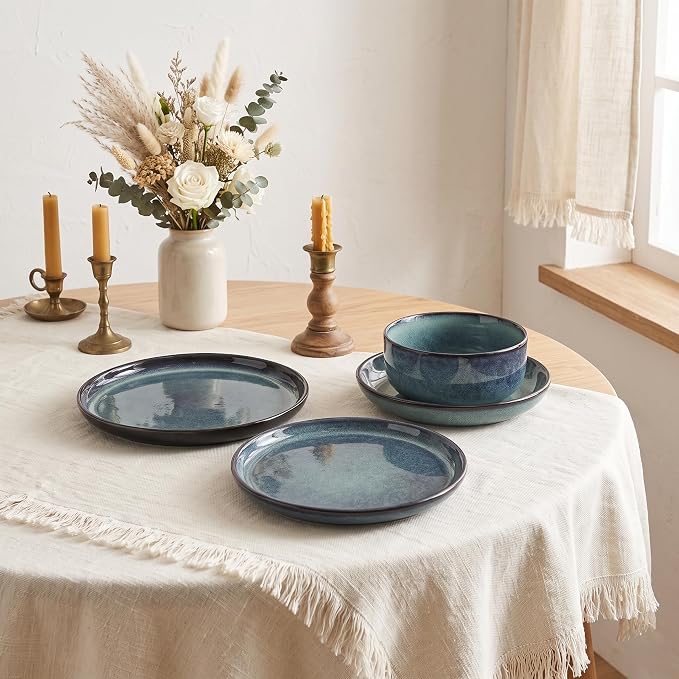 Ceramic Dinnerware Set(16 pcs) Serve 4 people, Plates & Bowls Sets, Reactive Glaze Dishes Set, Chip Resistant and Scratch Resistant, Dishwasher, Microwave Safe, Suitable for dinner, party