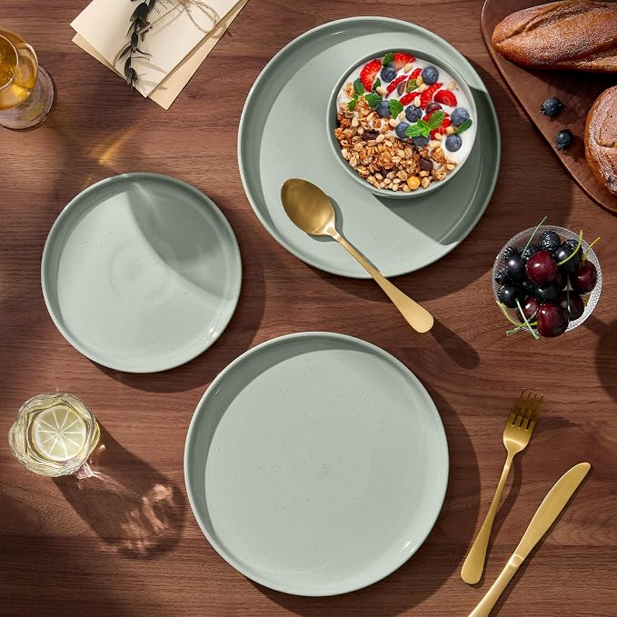 E-far 24-Piece Stoneware Dinnerware Sets, Plates and Bowls Sets for 8, Ceramic Dishware Dishes Set with Terracotta Base, Chip & Scratch Resistant, Microwave & Dishwasher Safe, Speckled Green