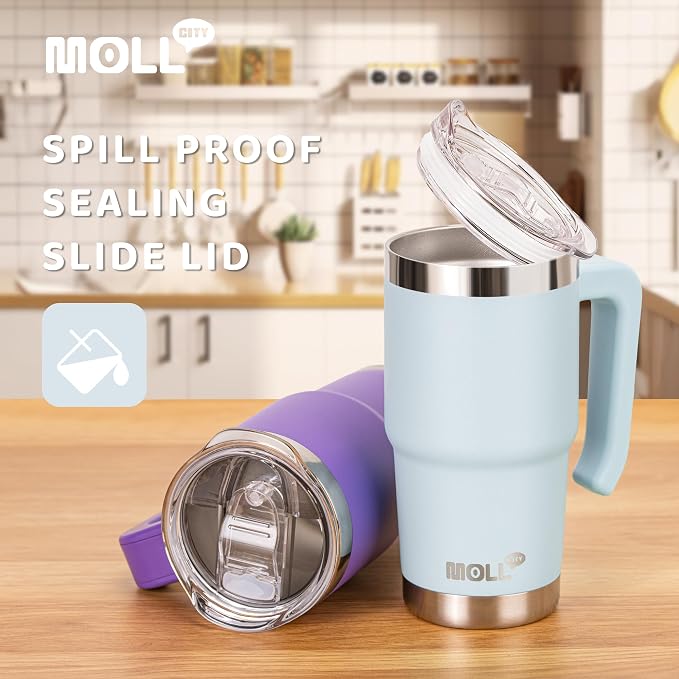 Travel Coffee Mug with Handle 16 oz Stainless Steel Double Wall Vacuum Insulated Tumbler Cup with Lid and Straw (Baby Blue)
