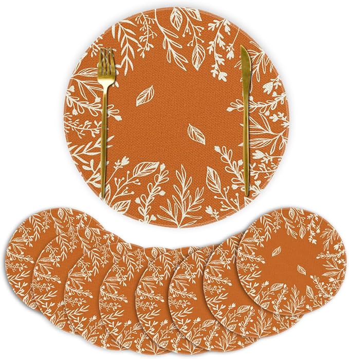 Artoid Mode Eucalyptus Leaves Round Fall Placemats Set of 8-14 Inch | Heat-Resistant, Washable Table Mats, Seasonal Autumn Kitchen Dining Decor