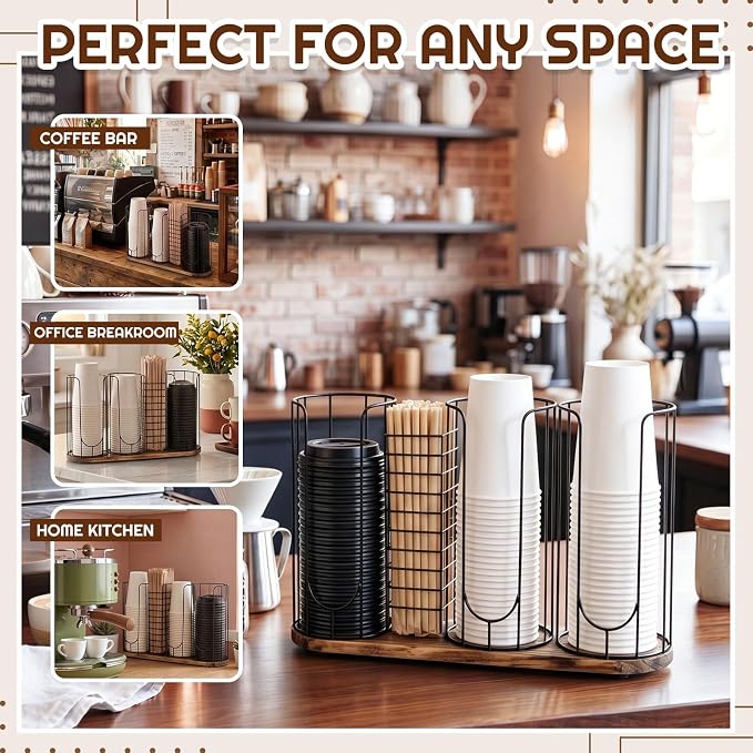 18oz Adjustable Coffee Cup Dispenser with Wooden Base, Cup and Lid Holder, Cups Holder Organizer for Coffee Pod Straw and Lid Storage(4-compartment Single,Color 5)