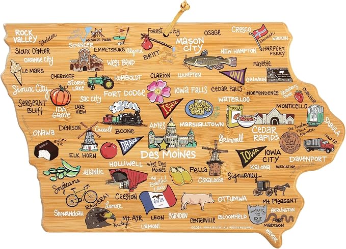 Totally Bamboo Iowa State Shaped Cutting Board, Art by Fish Kiss | State charcuterie board with colorful hand-drawn map artwork. Smooth reverse side for food prep. Hang tie for wall display.