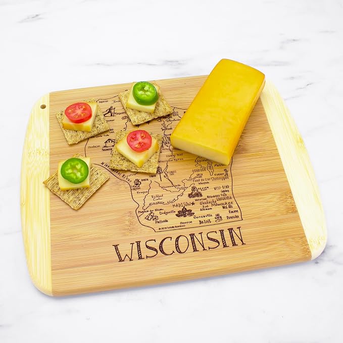 Totally Bamboo A Slice of Life Wisconsin Engraved Map Cutting Board | 11” x 8.75” charcuterie board with engraved state map artwork. Smooth reverse side for food prep. Hang tie for wall display.