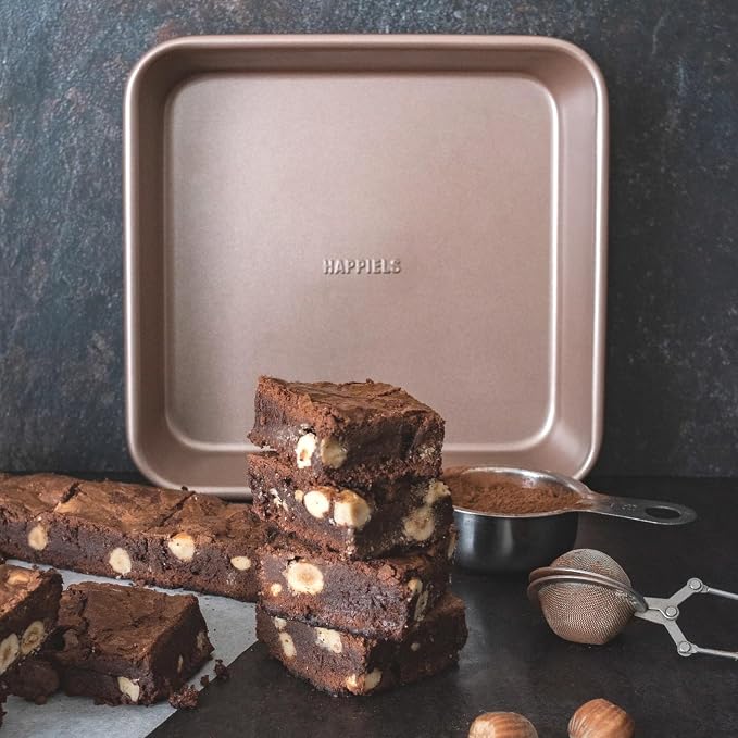 9 x 9 inch Square Baking Pan Nonstick, PFOA & BPA Free | | Non-Toxic - High Carbon Steel - Gold - Cake & Brownie Mold