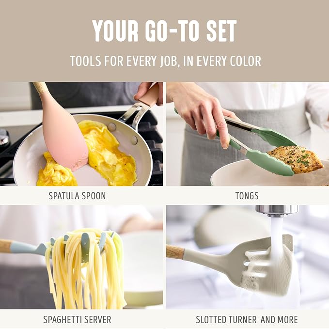 GreenLife 11 Piece Silicone Utensil Crock Set, Nonstick Kitchen Tools, Ladle, Turner, Slotted Turner, Spatula, Spoon, Spaghetti Server, Brush, Whisk, Tongs, Crock, Taupe
