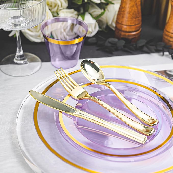 600PCS Purple Gold Plastic Plates, Disposable Dinnerware Set for Party | 100 Guest, 100 Dinner & Dessert Plates, Forks, Spoons, Knives, Cups, Gold Rim, for Graduation Wedding Bridal Shower