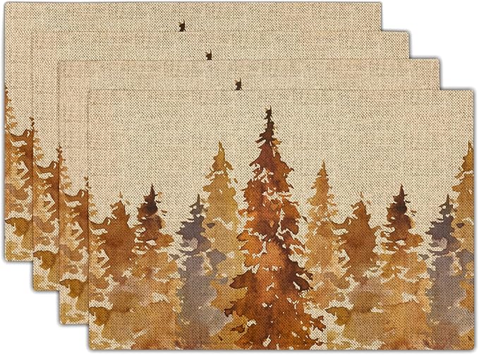 Fall Tree Placemats Set of 6 18x12 Inch Autumn Forest Linen Place Mats Heat-Resistant Washable Wipeable Orange Pine Tree Table Mat for Party Kitchen Dining Room Dinner Table Decor