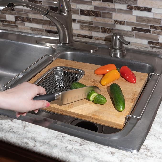 Classic Cuisine 2 in 1 Cutting Board with Strainer, Natural, 13.2” x 11.5” | Adjustable Bamboo Chopping Board with Removable Stainless Steel Colander for Over the Sink
