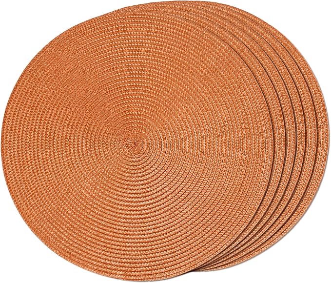 FunWheat Round Braided Placemats Set of 6 Table Mats for Dining Tables Woven Washable Non-Slip Place mats 15 Inch(Pumpkin Orange)