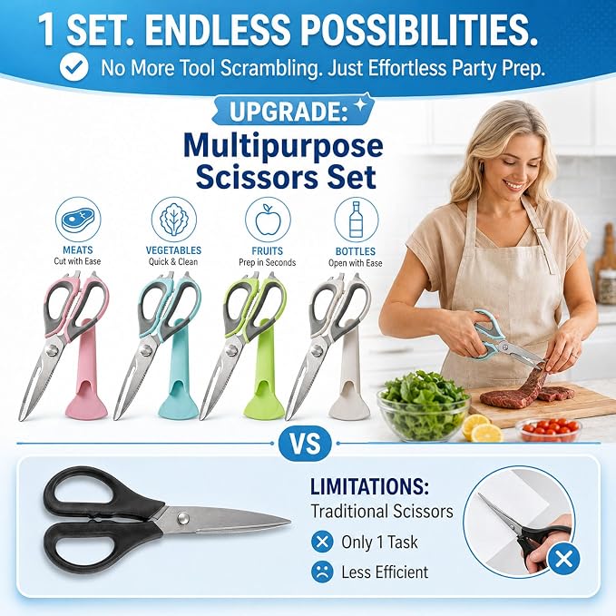 4-Pack Heavy Duty Kitchen Shears, Multi-Color Set (White/Green/Pink/Blue), Stainless Steel, Come-Apart Design Easy Cleaning, Multi-Purpose Cooking Scissors with Magnetic Holder for Fridge Organization