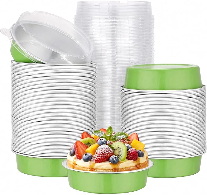 Beasea Mini Tart Pans with Lids 120 Pack, 7.3oz 4 Inch Matcha Green Disposable Aluminum Foil Baking Cups Pie Tart Tins Individual Dessert Mini Cake Containers Oven Dishes for Cheesecake Muffin