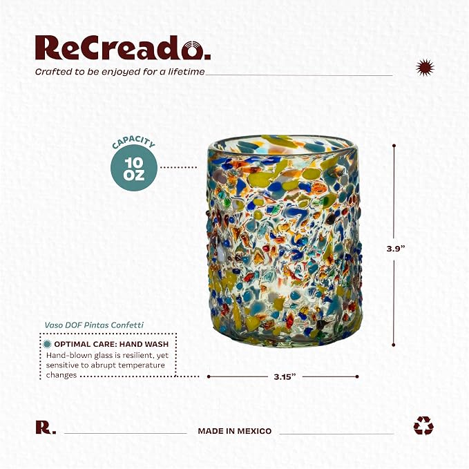 Confetti Dots Hand Blown Tumbler Glasses Set of 6 – Colorful Mexican Glassware – 10 oz Recycled Glass Tumbler – Hand blown Mexican Drinking Glasses for Cocktails, Wine & Tequila