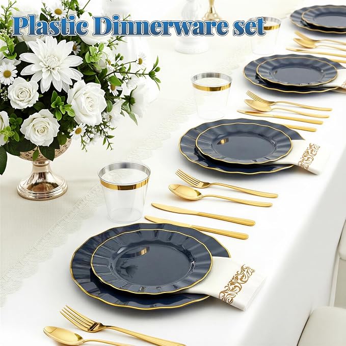 Glowserve 175 Piece Disposable Plastic Plates Dinnerware Set for 25 Guests | 50 Plastic Plates,25 Silverware Set,25 Cups and Napkins,Wedding Birthday,Family Party,Fancy Plastic Plates