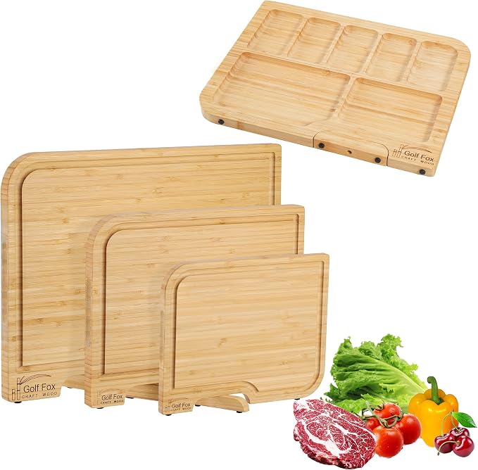 Golffox Wood Cutting Board Set, Bamboo Chopping & Charcuterie for Kitchen | Non Toxic Bamboo Cutting Board with Stand, Built-in Handles, Deep Juice Grooves, for Meat, Vegetables, Cheese & Fruits
