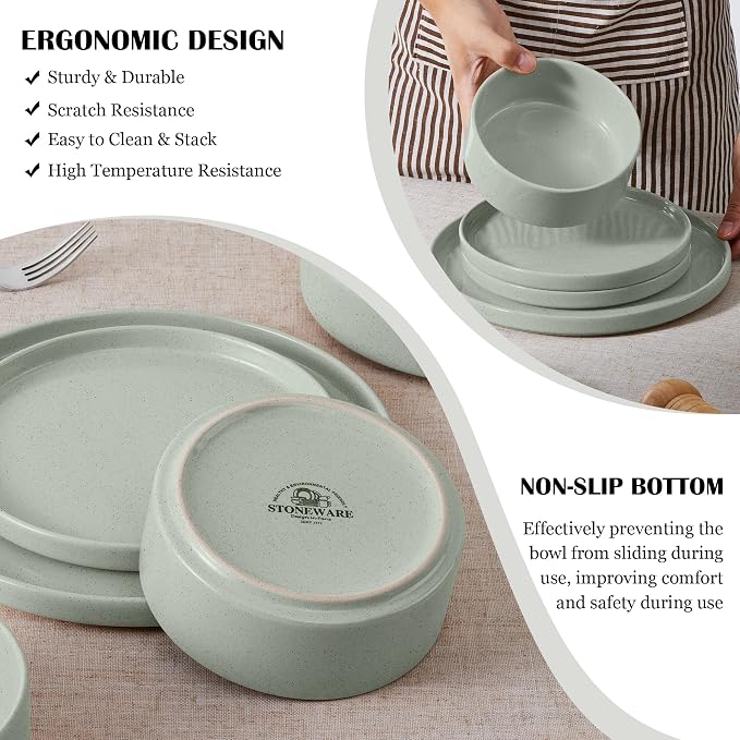 E-far Stoneware Dinnerware Sets, 12-Piece Plates and Bowls Set for 4, Green | Kitchen Modern Dishes Dining Ware, Chip and Scratch Resistant, Microwave & Dishwasher Safe, Speckled Green