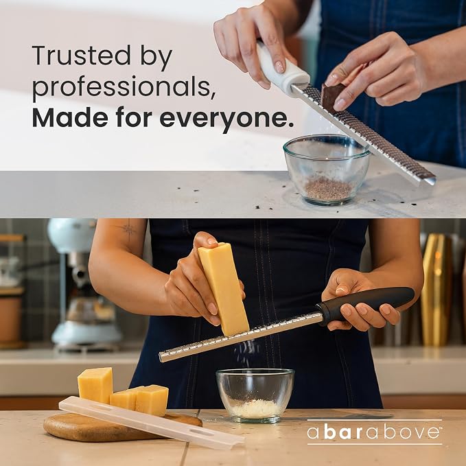 A Bar Above Lemon Zester and Cheese Grater, Professional, 12 Inch, White | Stainless Steel Hand Tool, For Citrus, Parmesan, Ginger, Chocolate, Dishwasher Safe Kitchen Use, Ergonomic Grip, Bar Favorite
