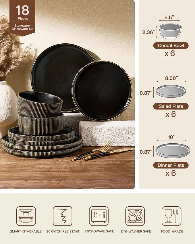 Dinnerware Set for 6, Ceramic Ribbed Plates, Bowls, Dishes | 18-Piece Stoneware Dinner Sets, Handmade Reactive Glaze, Microwave & Dishwasher Safe, Chip & Scratch Resistant, Black Gold