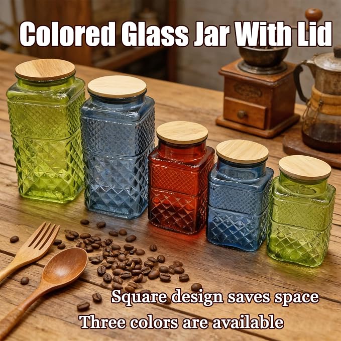 Coriario 1 Gallon Vintage Glass Jar with Lid Wood Spoon Green Square Decorative Glass Storage Jars Wide Mouth Canisters for Food Candy Flour Sugar Cookie Coffee Nuts