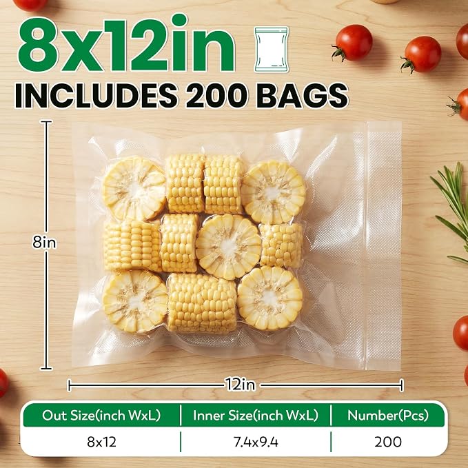 FUNFERY 200 PCS Precut Quart Vacuum Sealer Bags for Food 8" x 12" BPA Free | Airtight Vacuum Seal Freezer Bags for Food Storage, Meal Prep, Sous Vide and Bulk Freezing