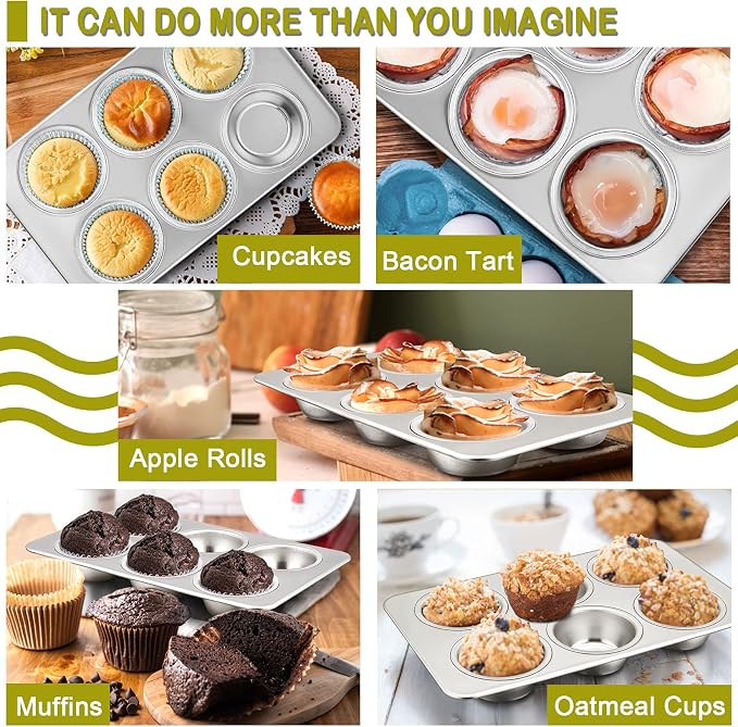 P&P CHEF 6-Cup Muffin Pan Tin, Stainless Steel Cupcake Pan, 2Pcs | Muffin Tin for Oven Baking, Dishwasher Safe, Non-Toxic, Standard Size, Ideal for Homemade Muffin Cup Cake Tart Quiche