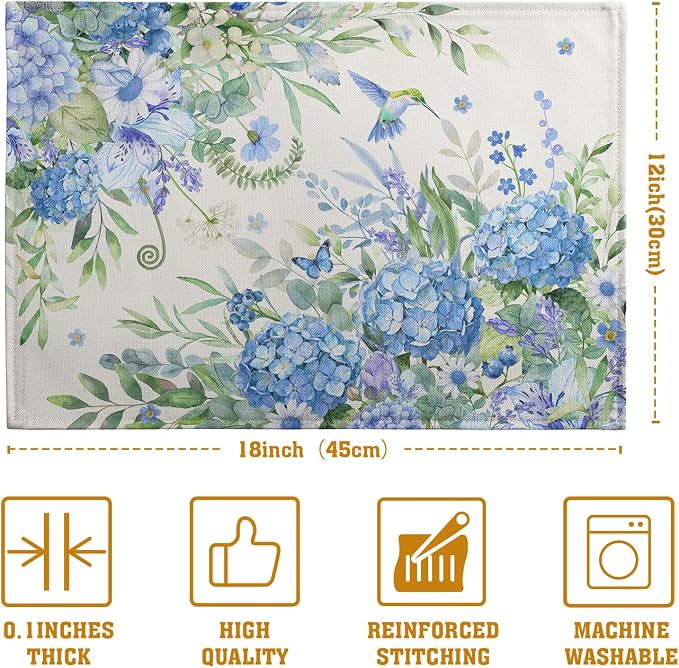 Blue Hydrangea Placemats Set of 4 Spring Summer Floral Green Leaf Bird Table Mat 12x18 Inch Rustic Daisy Flowers Hummingbird Place Mats for Party Kitchen Dining Outdoor Indoor Decor