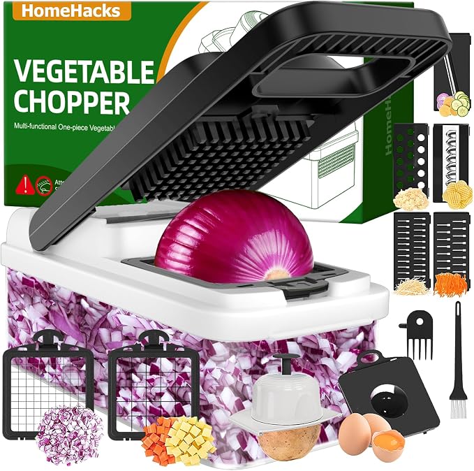 HomeHacks Veggie Chopper Vegetable Cutter, 12 in 1 Kitchen Gadget, White | Dicer, Slicer, Cutter, Slap Chop, Cheese Grater & Egg Separator - Multi-Functional Salad Fruit Onion Chopper with Container