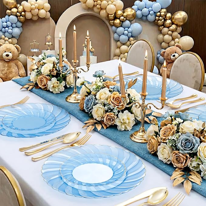 YOUBET 125PCS Clear Blue Gold Plastic Plates - Blue Disposable Plates With Gold Rim Include 25 Dinner Plates 25 Dessert Plates 75 Golden Silverwares for Wedding Birthday & Parties | Clear Blue Disposable Plates With Gold Rim Include 25 Dinner Plates 25...